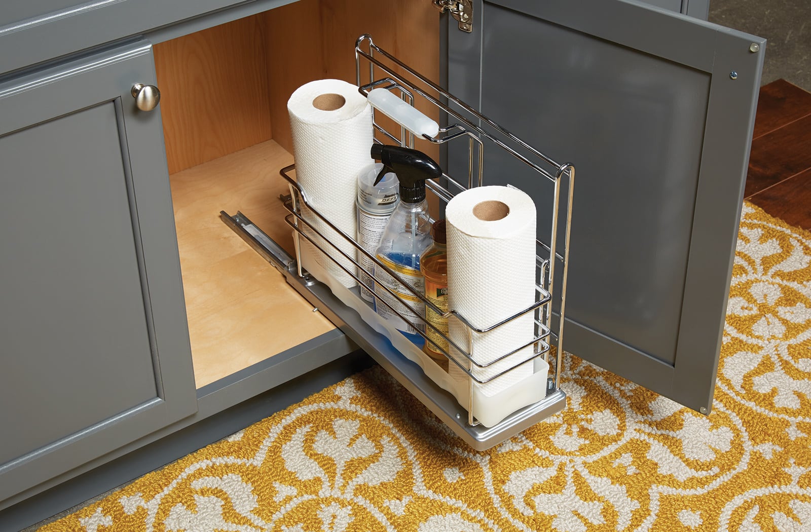 bathroom undersink caddy for paper towels and cleaners