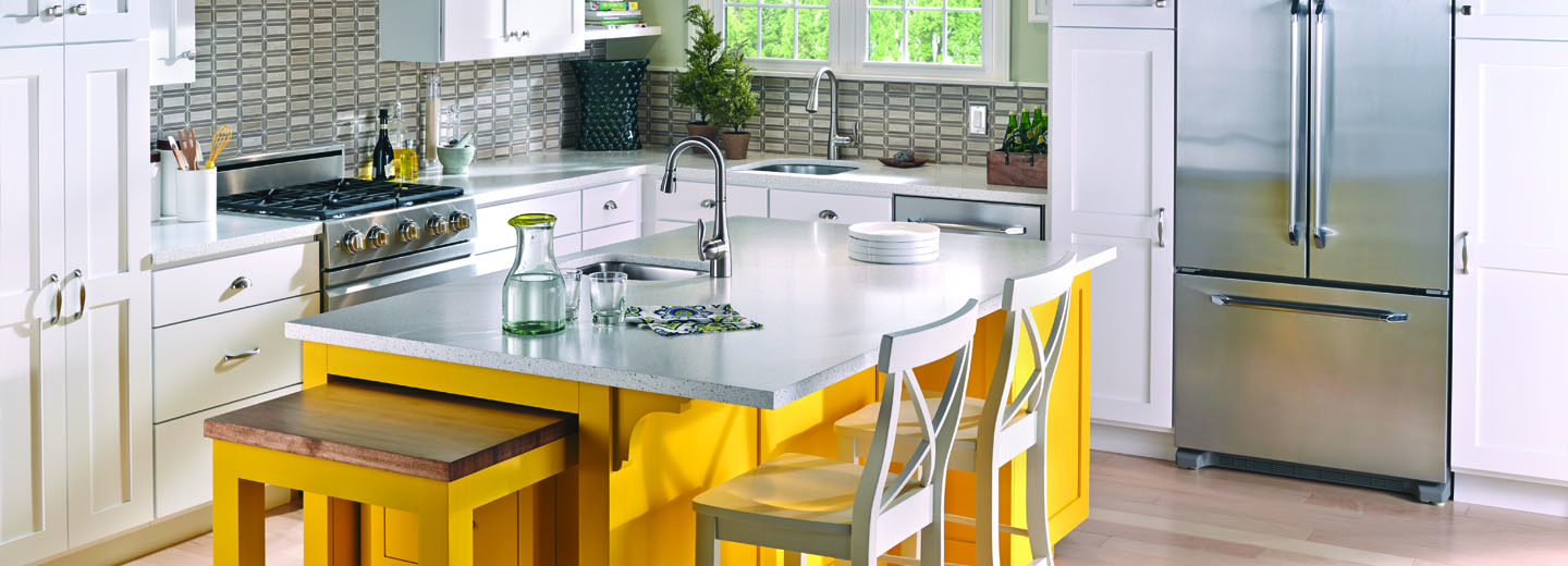 white custom kitchen with yellow island - con