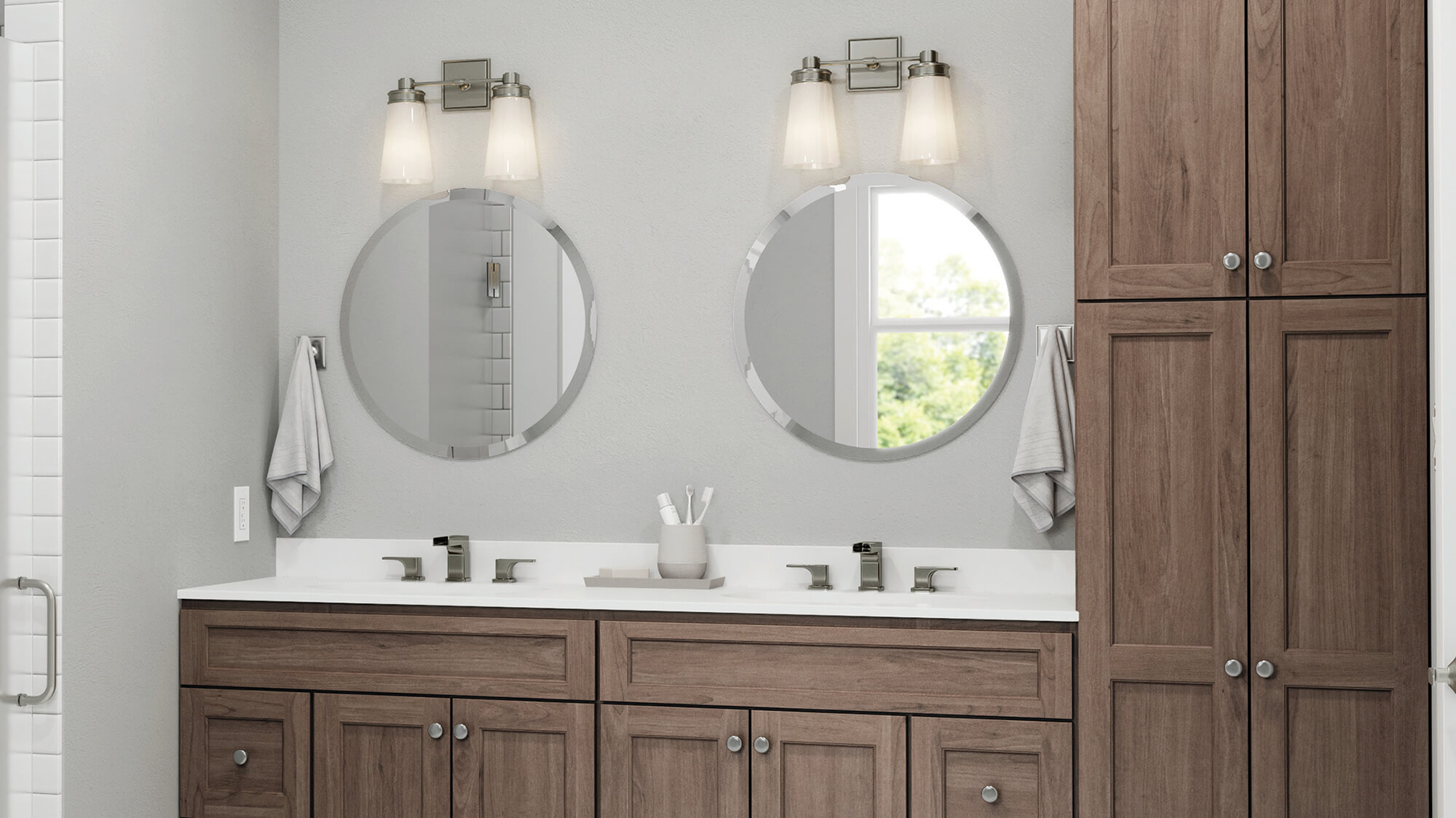 Double sink vanity with tall linen.
