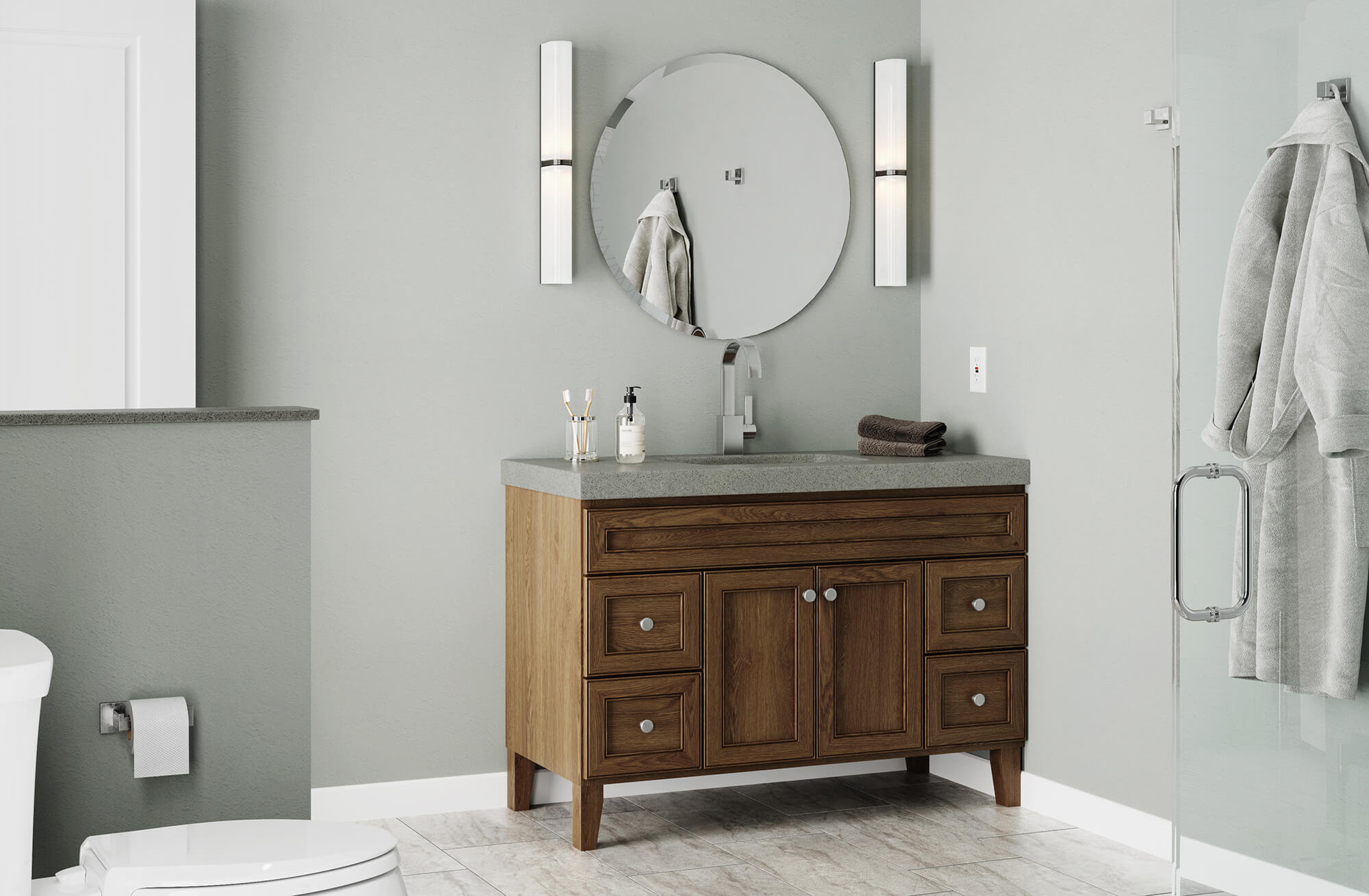 Harper vanity with wood legs.