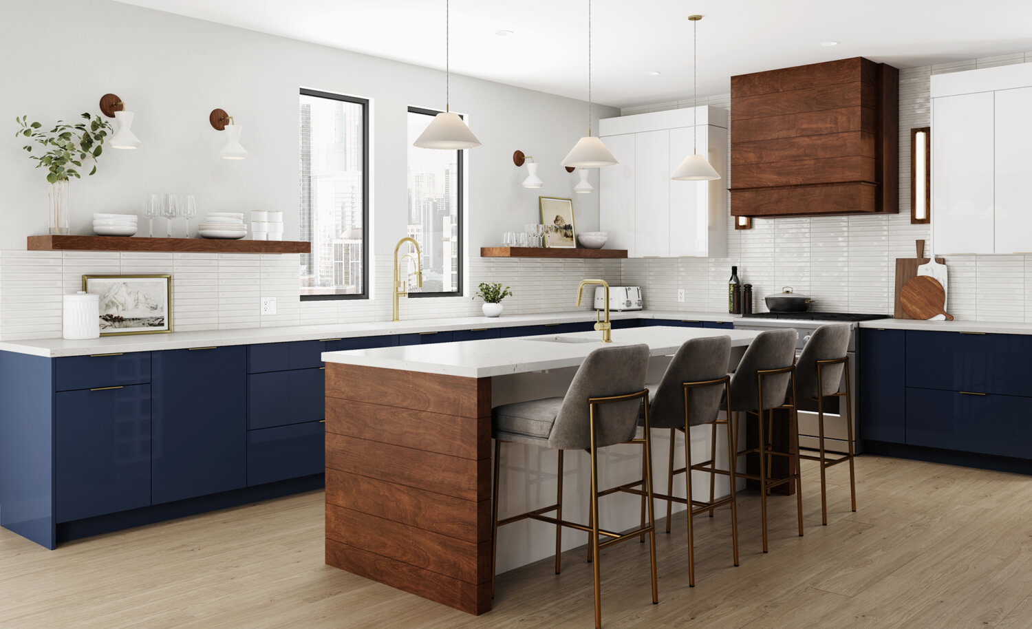 A contemporary kitchen design with modern glossy acrylic cabinets in a navy blue and white contrasted by rich, warm stained shiplap details on the kitchen island and box wood hood.