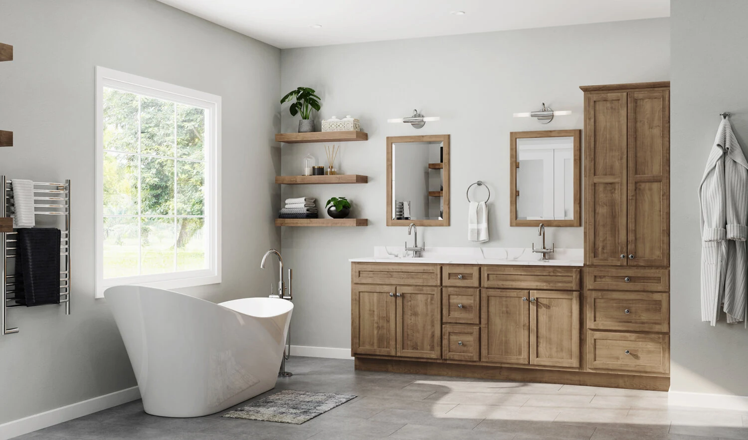A transitional styled bathroom with light stained birch wood cabinets with a gray color palette.