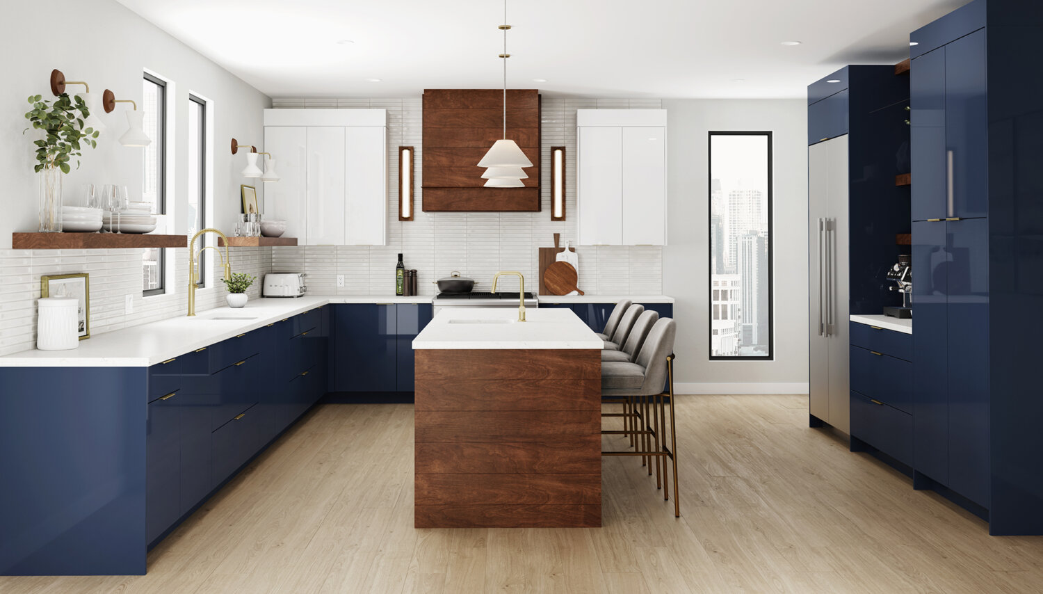 An ultra-modern navy blue and bright white kitchen design with sleek, contemporary slab cabinet doors and frameless construction. The center of the kitchen features a shiplap island and wood hood with a rich brown stain.