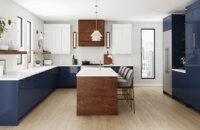 An ultra-modern navy blue and bright white kitchen design with sleek, contemporary slab cabinet doors and frameless construction. The center of the kitchen features a shiplap island and wood hood with a rich brown stain.