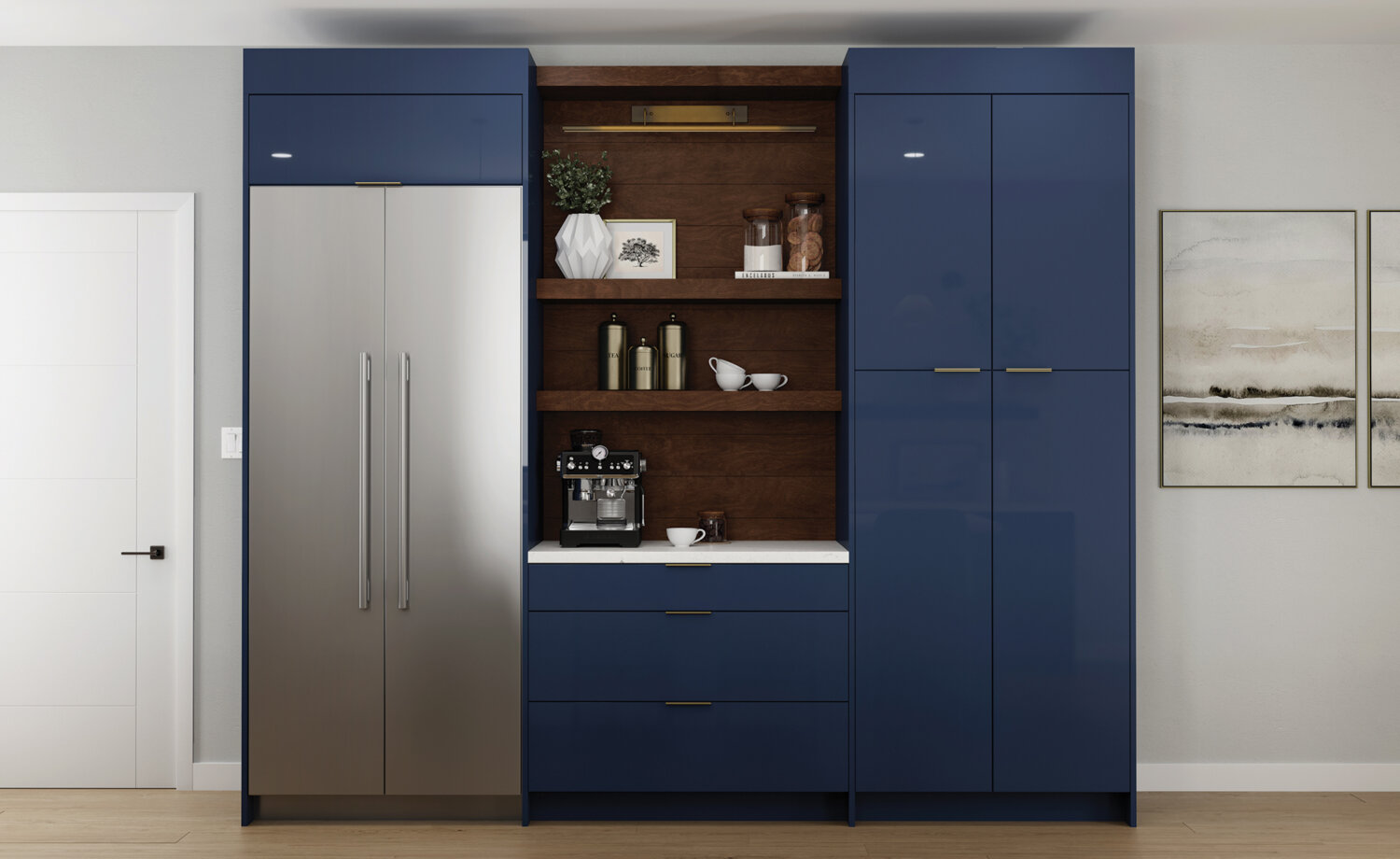 A close up of navy blue glossy acrylic cabinets with a contemporary slab cabinet door style with a contrasting beverage center in a rich, warm stained wood finish with matching floating shelves.