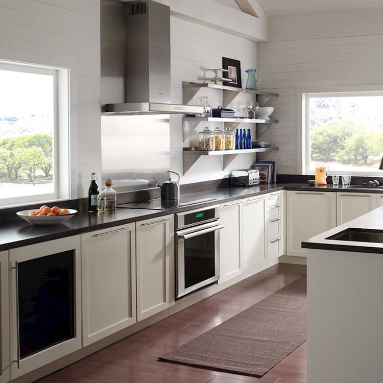 Beautiful off-white kitchen with no upper cabinets.