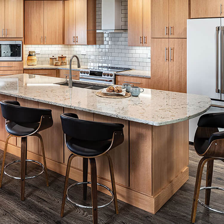Warm wood tone cabinets.