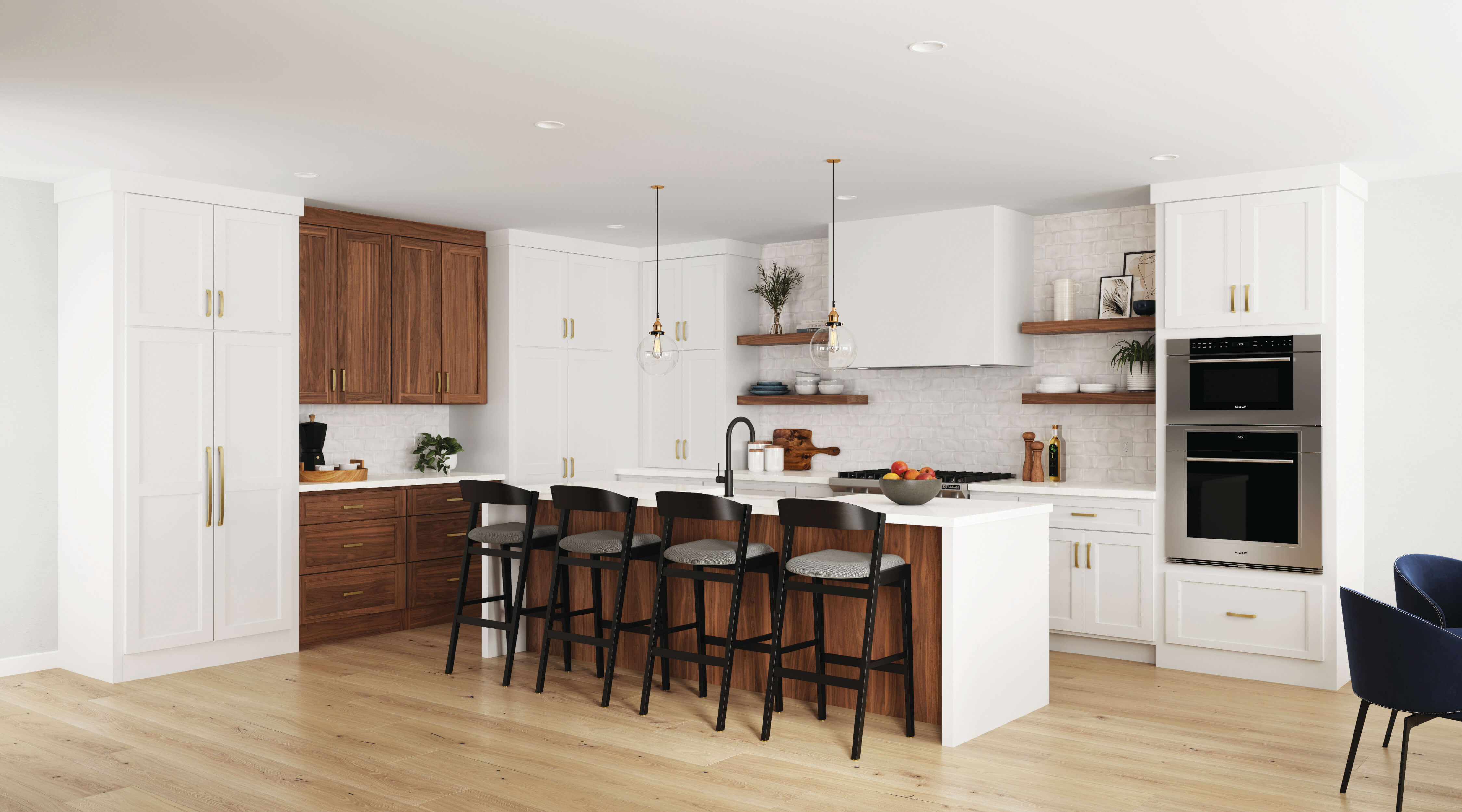 White and walnut two tone kitchen with open floor plan and built in oven