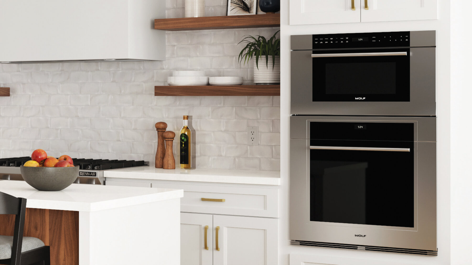 Kitchen cabinet with microwave oven cut-out.