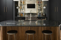 Dark and moody wet bar space in a basement entertainment room featuring black painted cabinets and glass shelving.