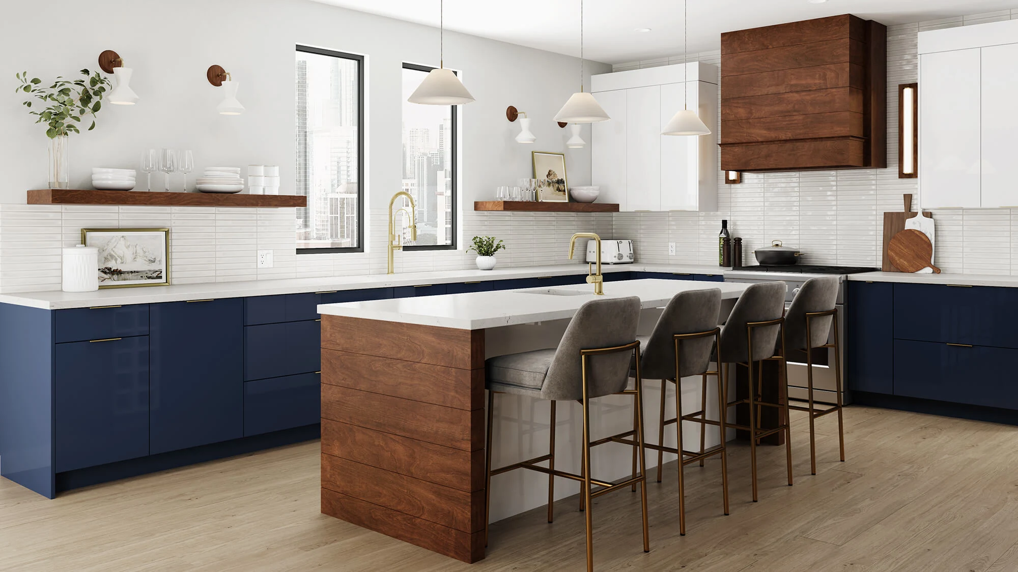 A contemporary kitchen design with modern glossy acrylic cabinets in a navy blue and white contrasted by rich, warm stained shiplap details on the kitchen island and box wood hood.