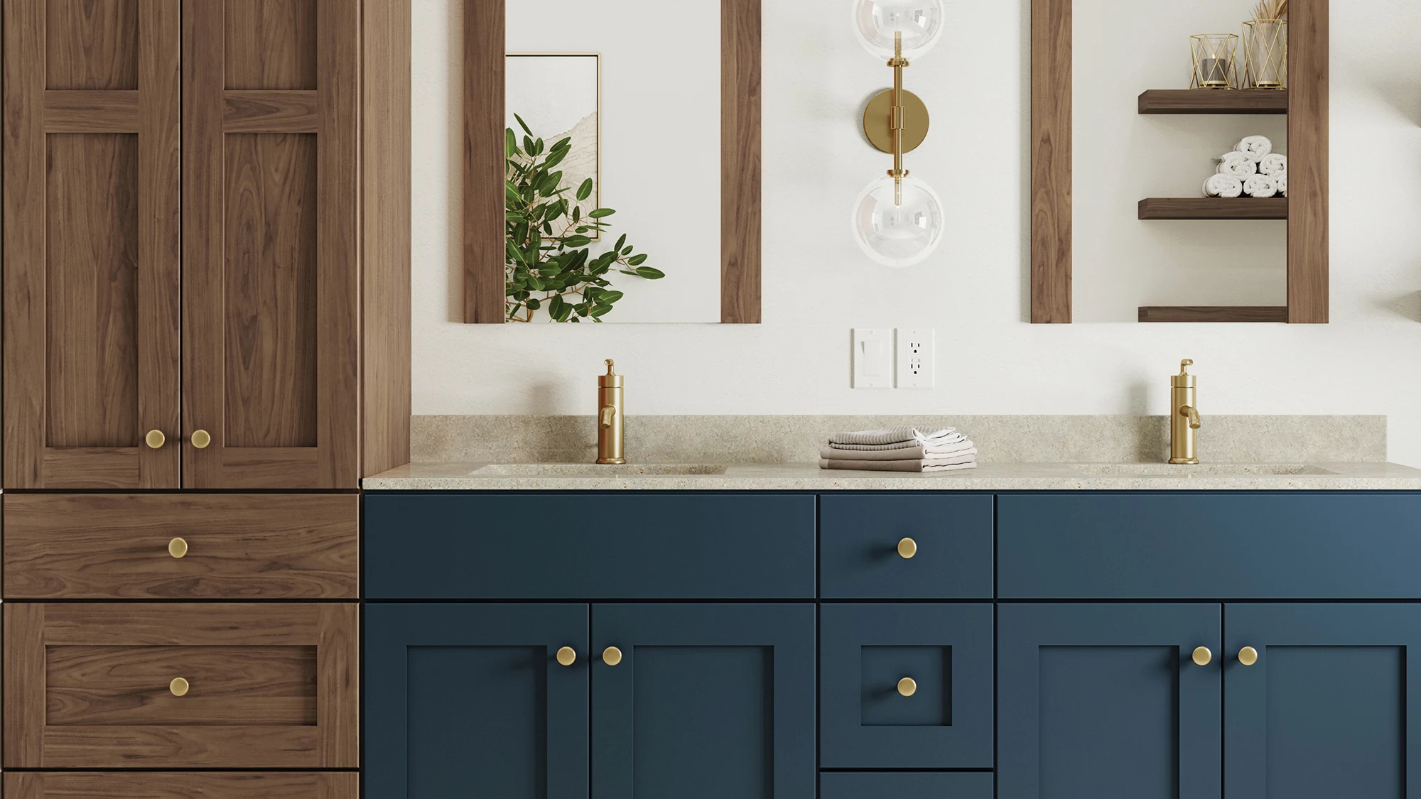 The Bertch vanity shown above features our Osage door style, in a Cobalt painted finish, paired with a Walnut Driftwood linen cabinet.