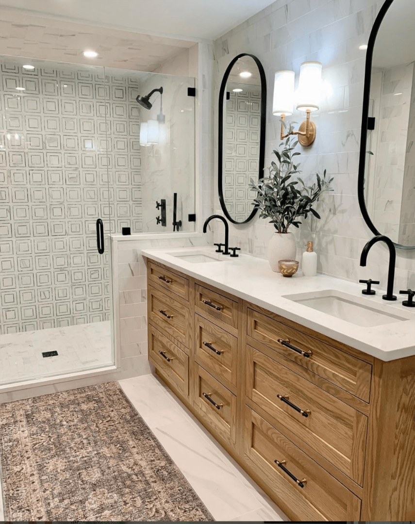 Light wood bathroom cabinet.