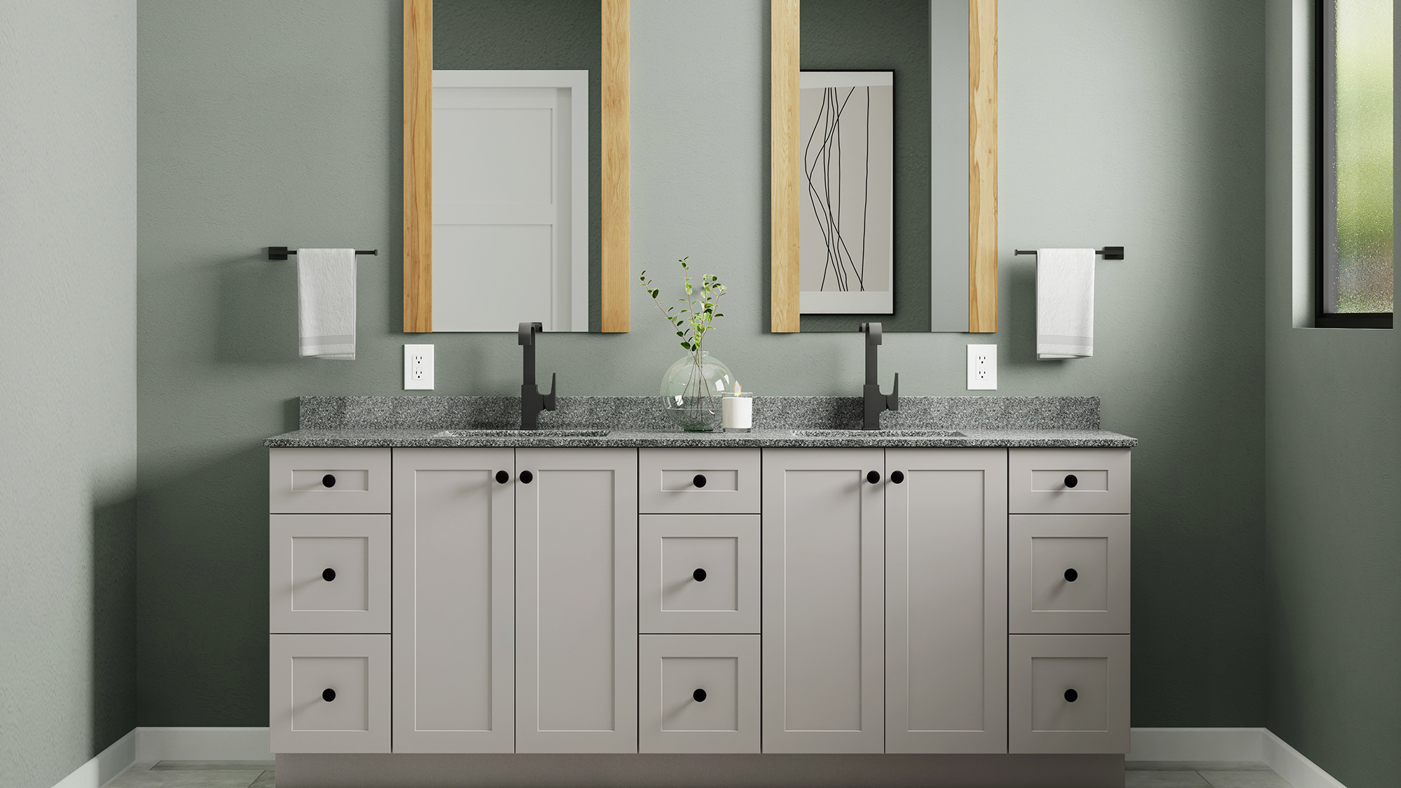 The beautiful Bertch vanity with double sinks shown above features our Ridley door style, with a Haze Matte foil finish.