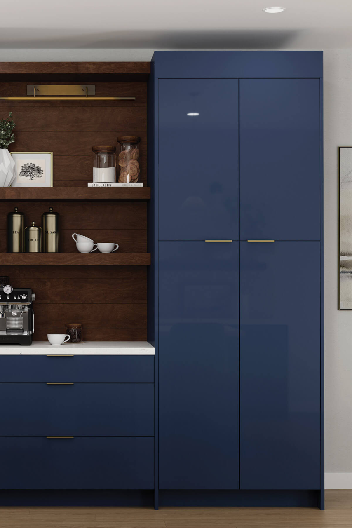 Contemporary Navy Blue High Gloss Acrylic dry bar