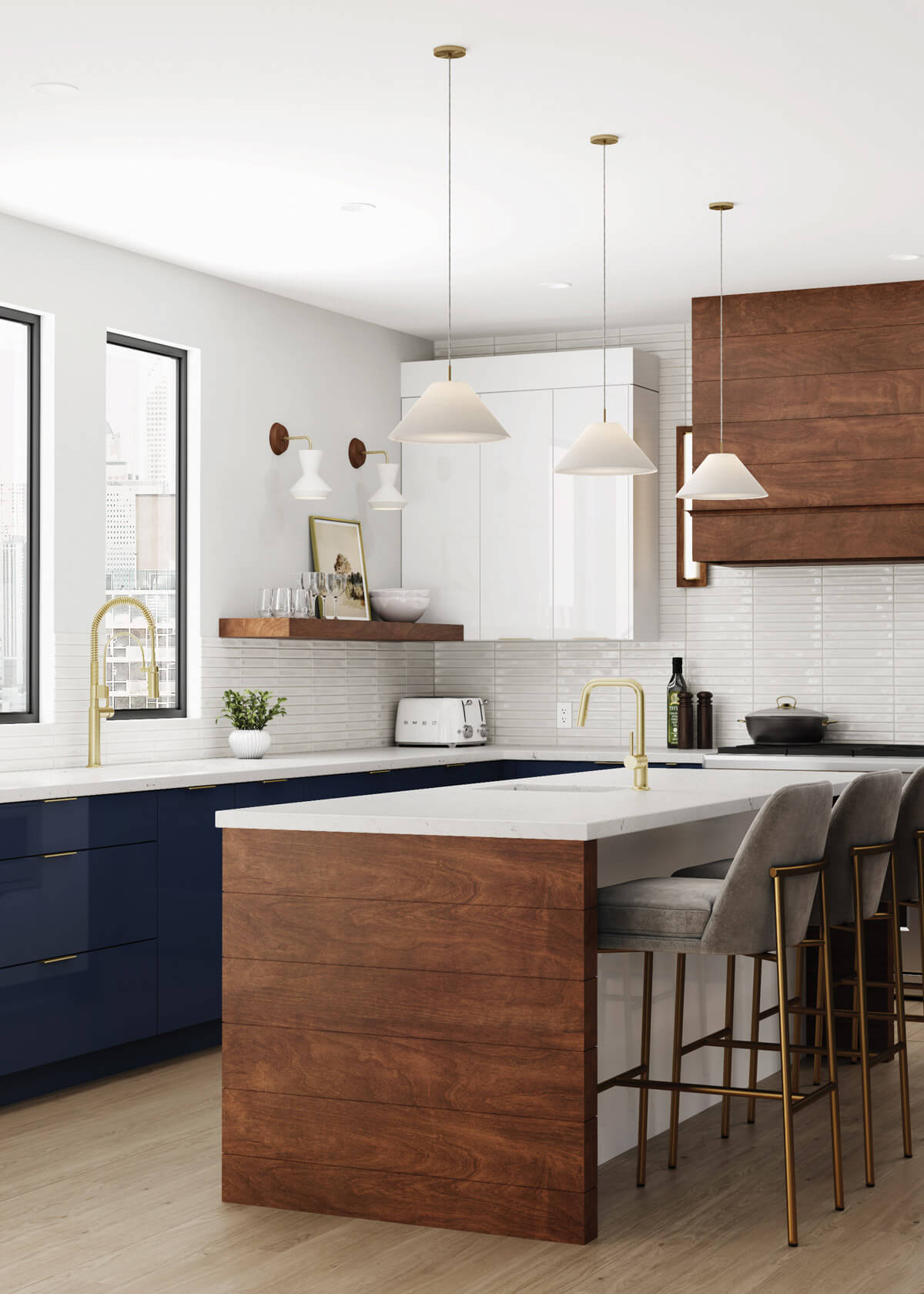 Contemporary slab kitchen cabinets in high gloss navy and pearl white, with Birch Mocha island