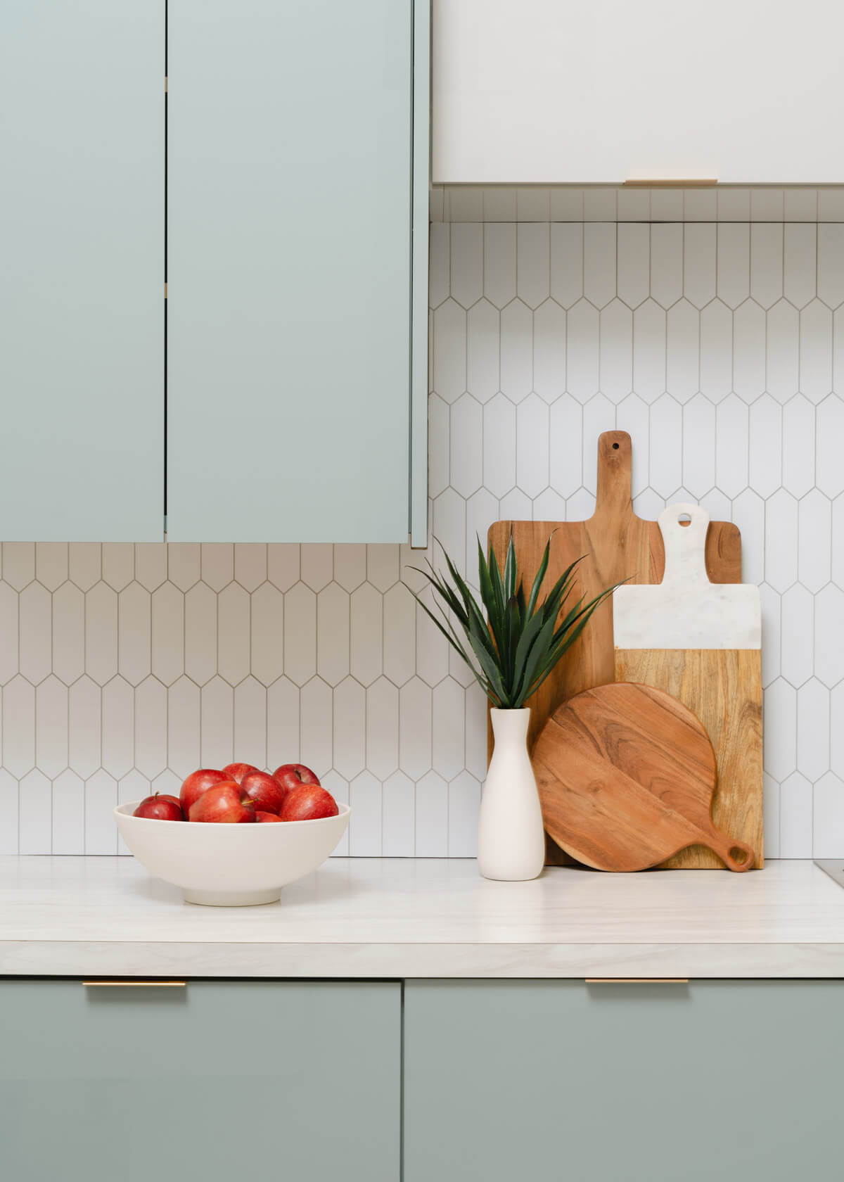 Contemporary Sage Green high gloss acrylic kitchen closeup