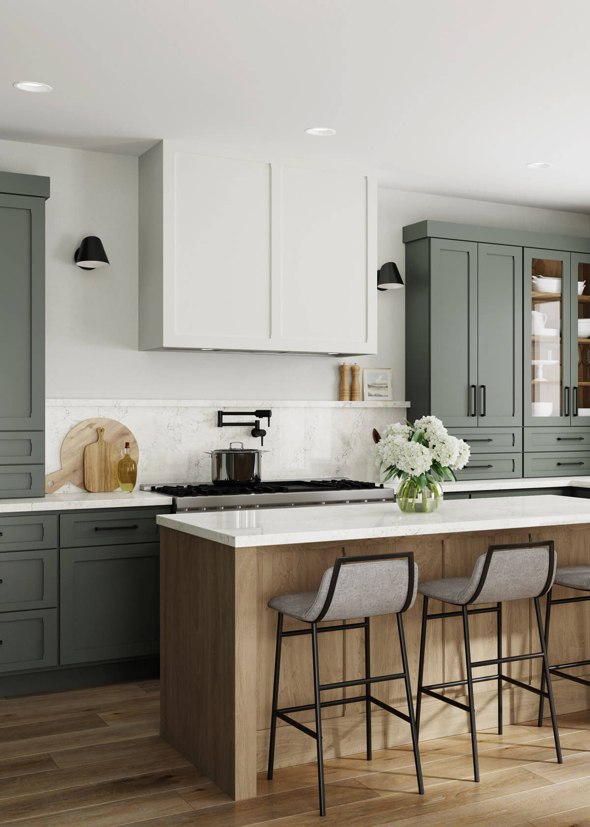 Grove green and Driftwood light brown kitchen with white hood