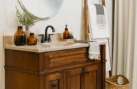 Bertch's beautiful furniture style vanity, Avery, shown in Walnut wood with Bistro finish