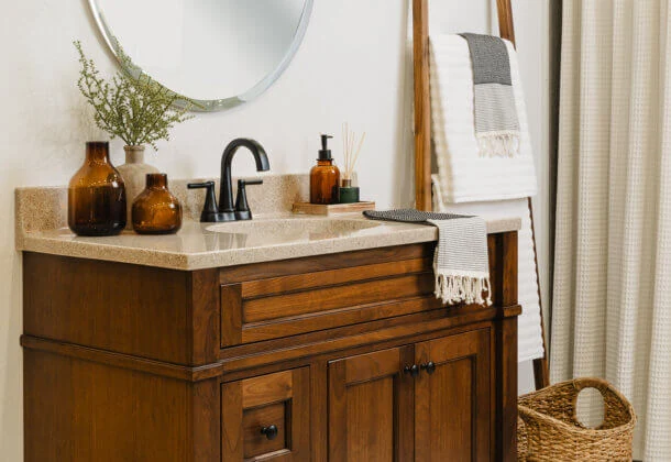 Bertch's beautiful furniture style vanity, Avery, shown in Walnut wood with Bistro finish