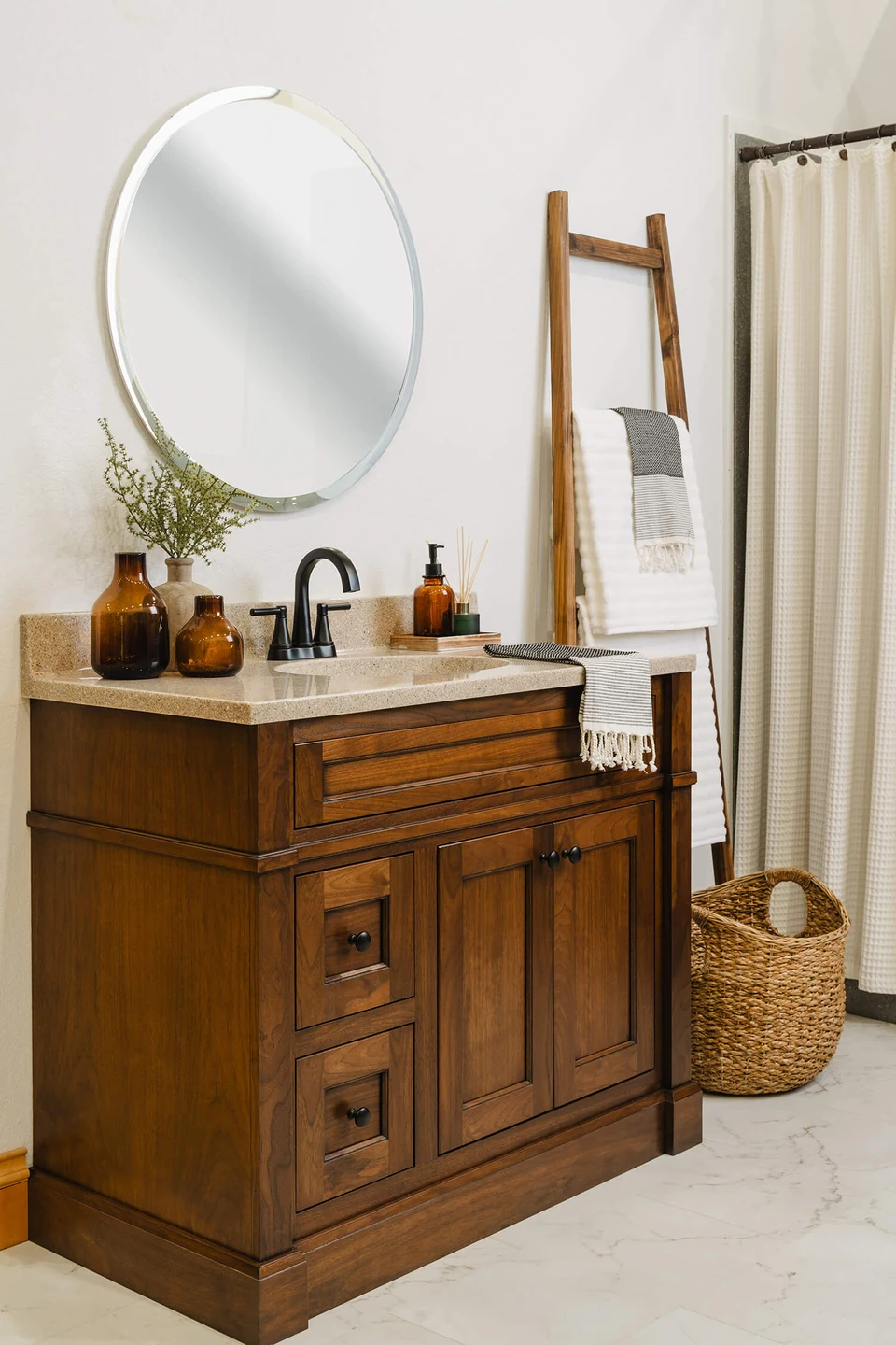Bertch's beautiful furniture style vanity, Avery, shown in Walnut wood with Bistro finish