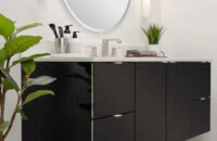 Bertch's Freya style vanity in a floating configuration, in Black Reflekt High Gloss Acrylic
