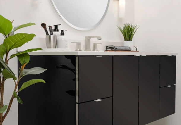 Bertch's Freya style vanity in a floating configuration, in Black Reflekt High Gloss Acrylic