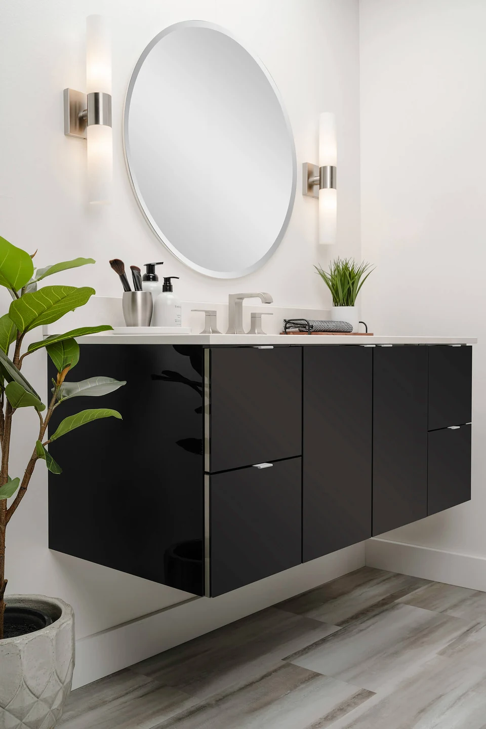 Bertch's Freya style vanity in a floating configuration, in Black Reflekt High Gloss Acrylic