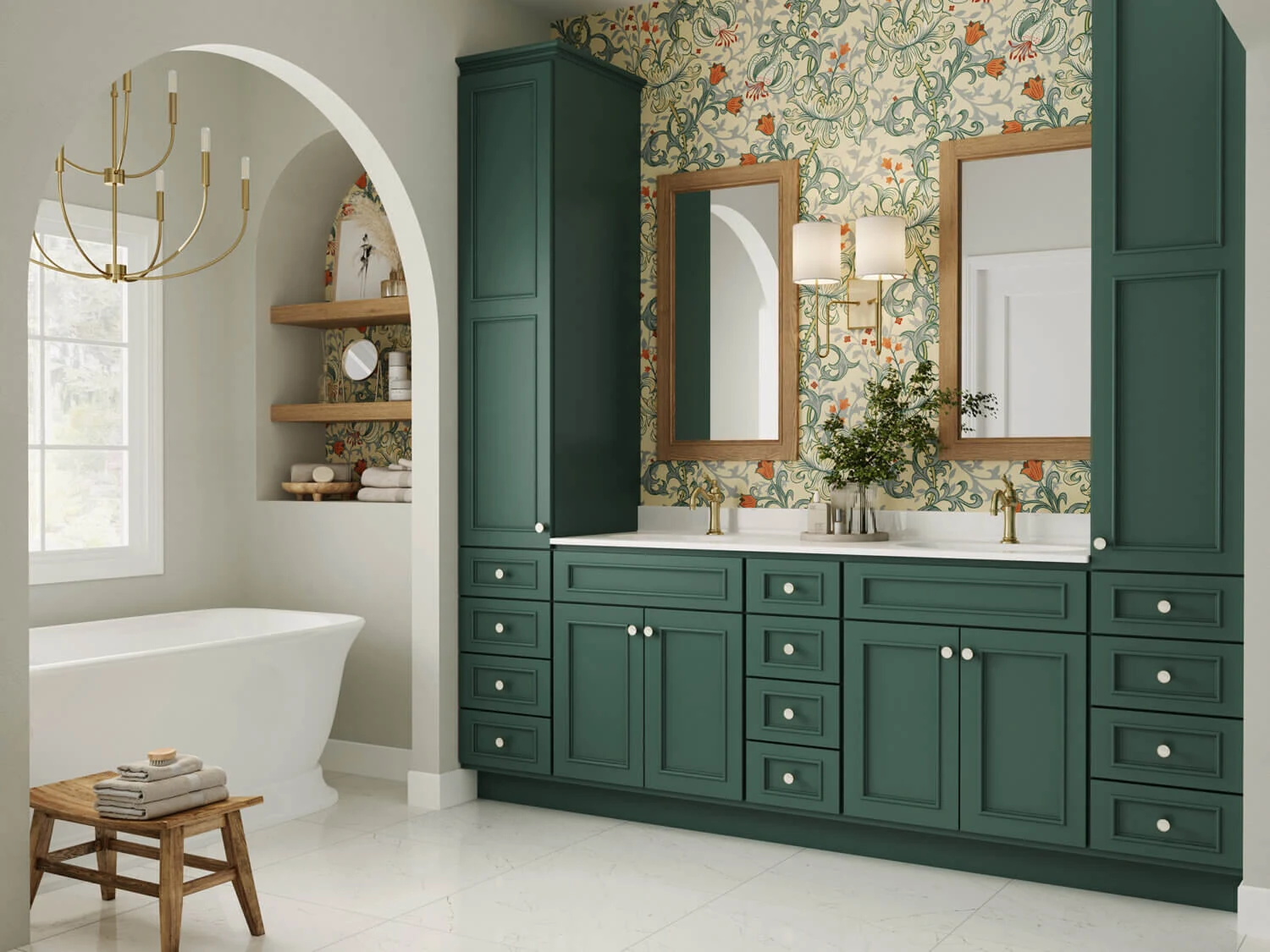Beautiful rich green Bertch Bath cabinetry with bold floral wallpaper