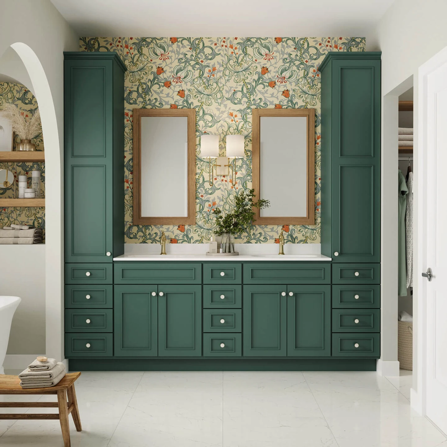 Beautiful rich green Bertch Bath cabinetry with bold floral wallpaper