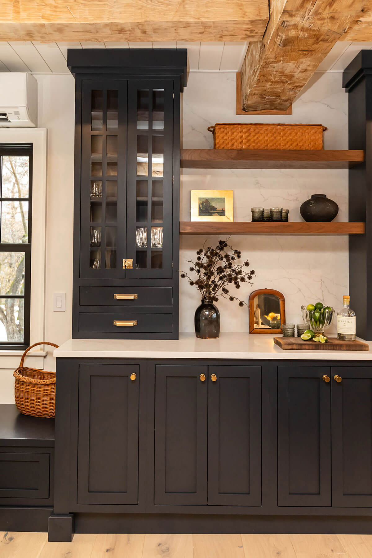 Moody blue Indigo cabinetry in rustic modern farmhouse