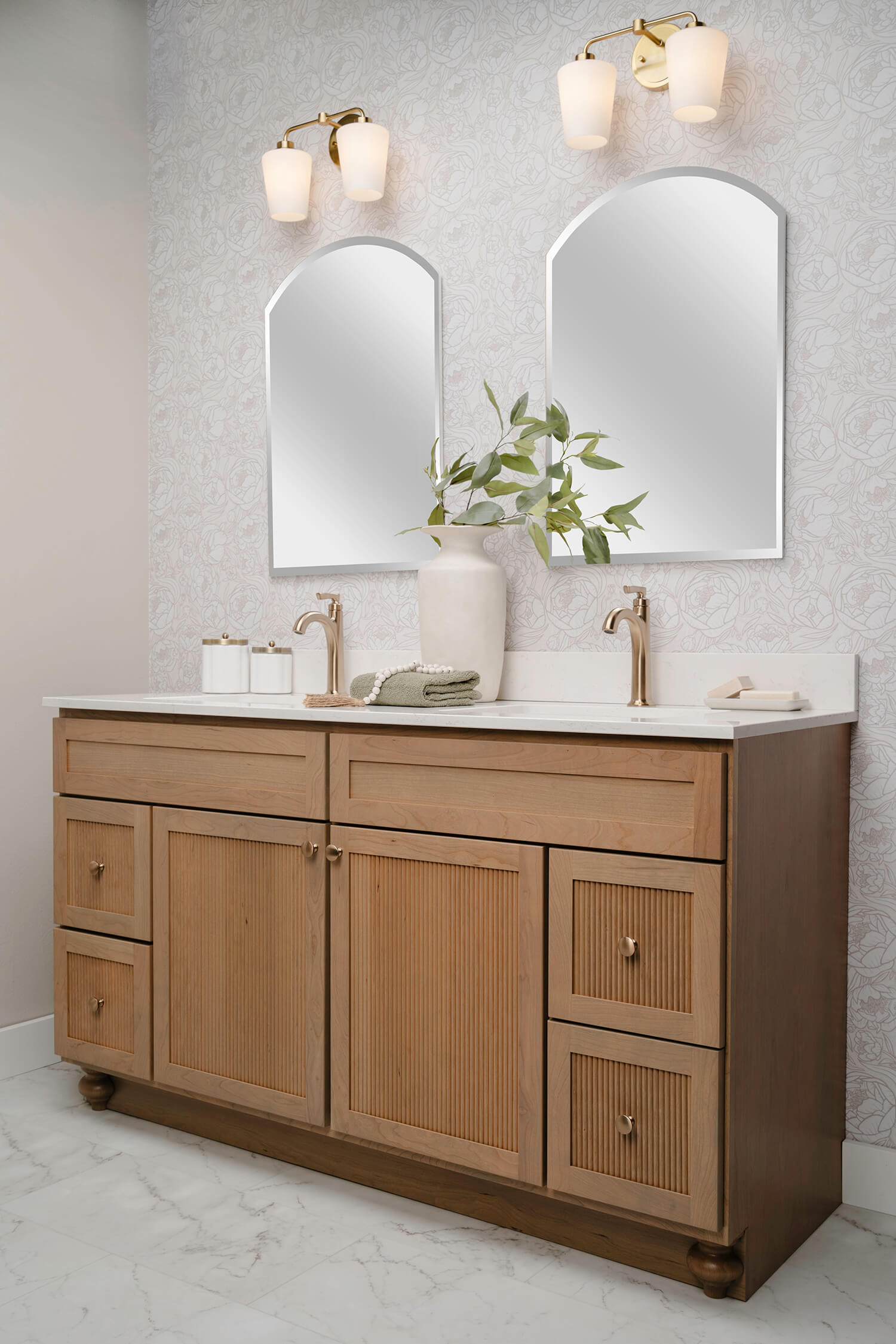 Bertch's much anticipated reeded door style, Reedlyn, shown in Cashew stain on Cherry wood.