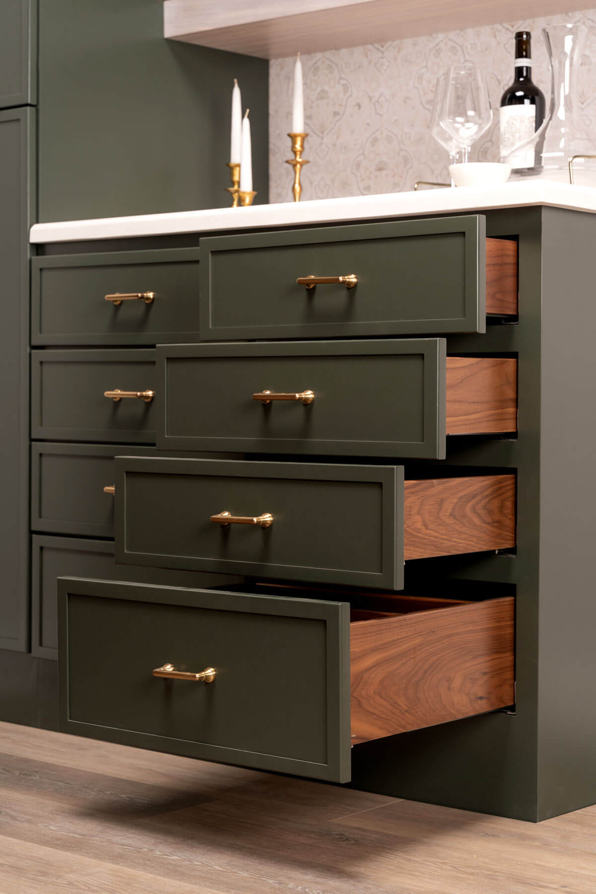 Bertch's Spruce green cabinetry, Walker door style, with Walnut drawer boxes