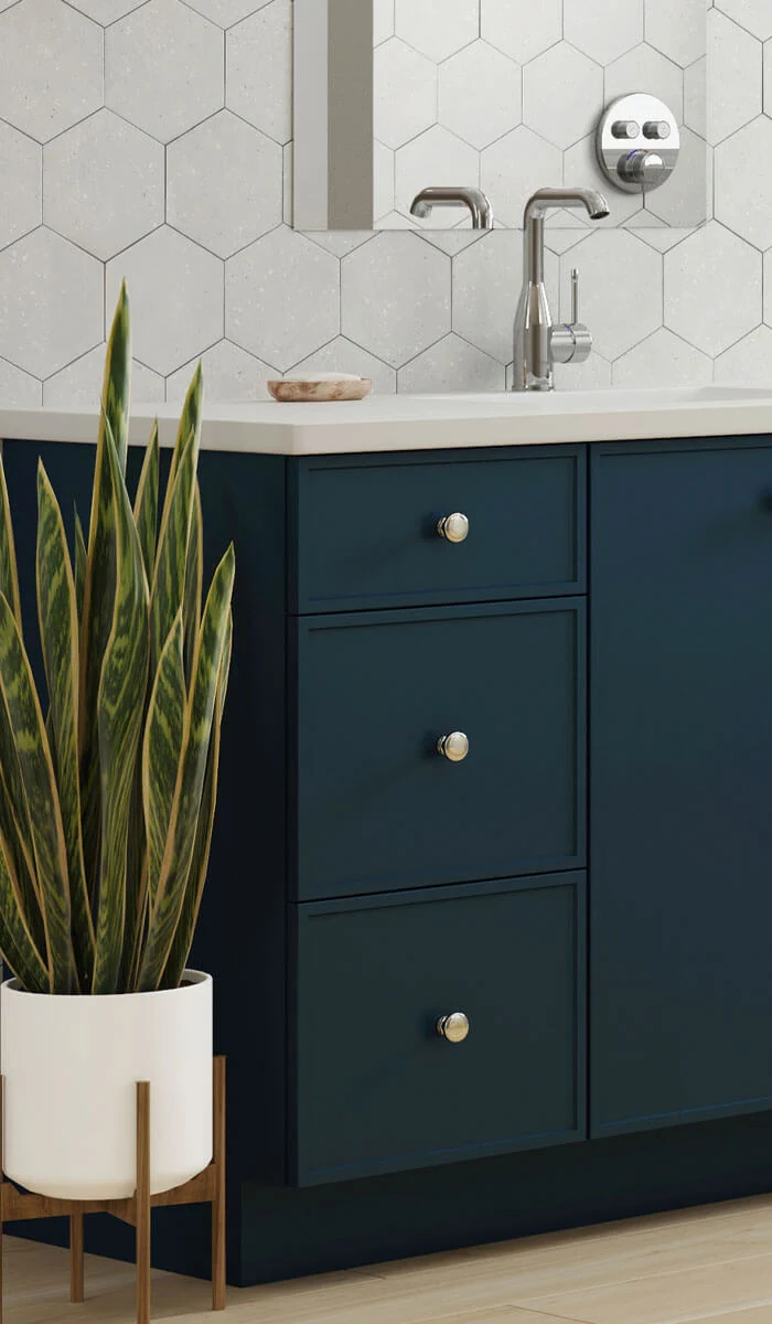 ultra matte navy vanity Sullivan in spa-like bathroom