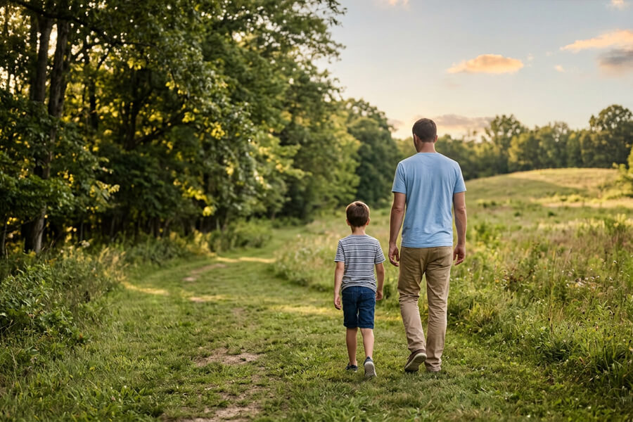 Father and son hiking along the woods on a grass path